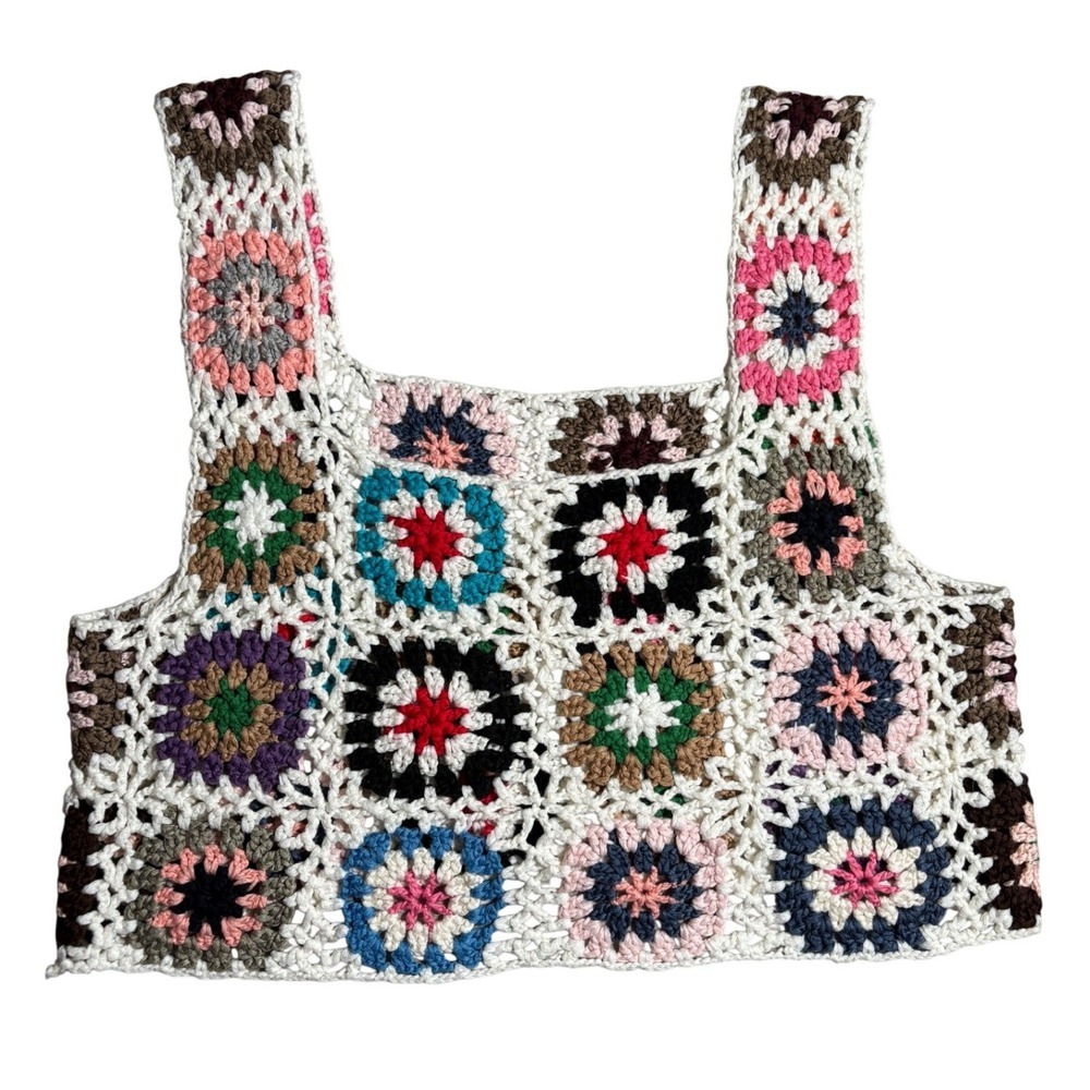 Cottagecore Crochet Granny Square Crop Top Colorful Boho Knit Tank Festival S/M